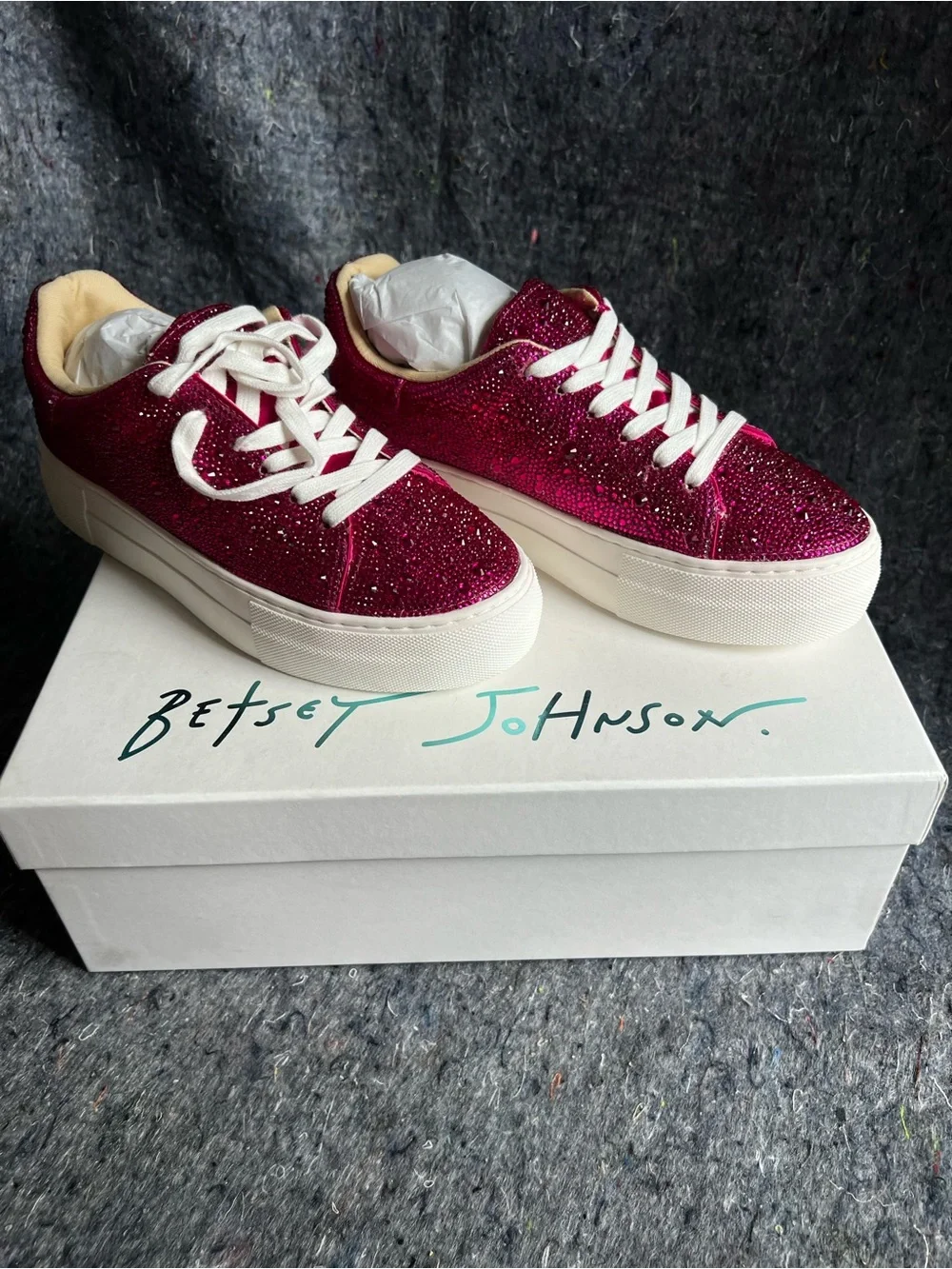 Betsey Johnson Sidny Red beaded Platform Sneakers with White Soles